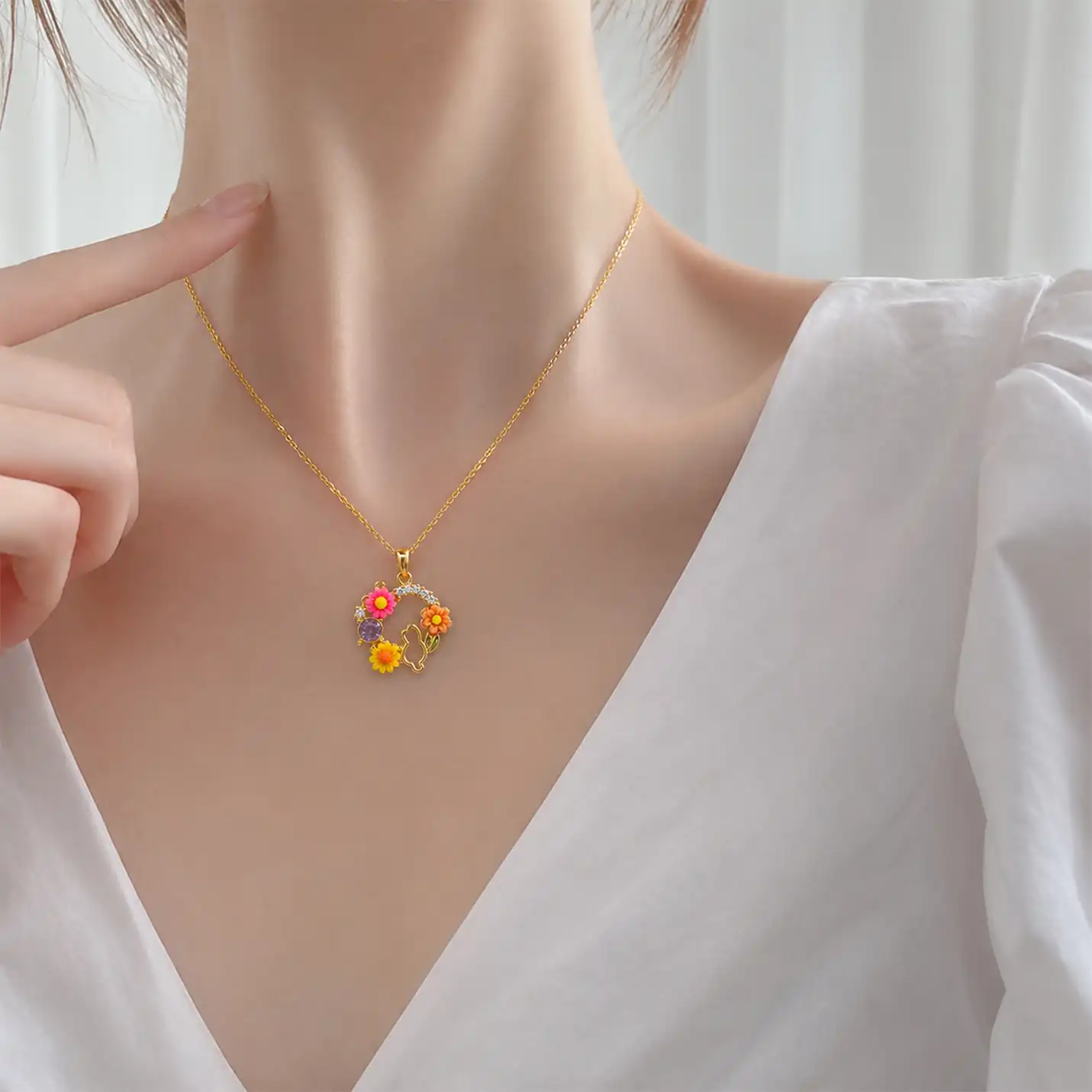 Gold-Plated Floral Wreath Pendant Necklace